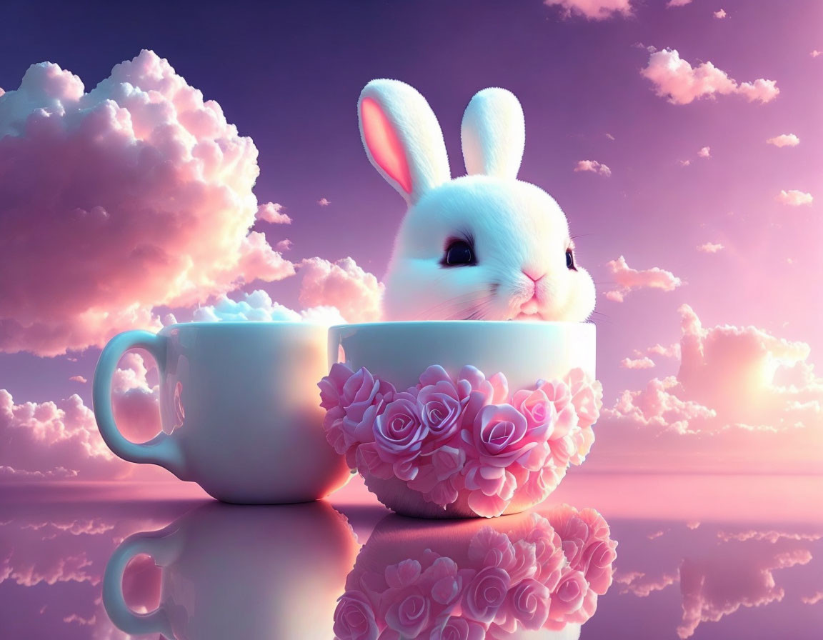 White Rabbit in Floral Teacup on Pastel Purple Sky