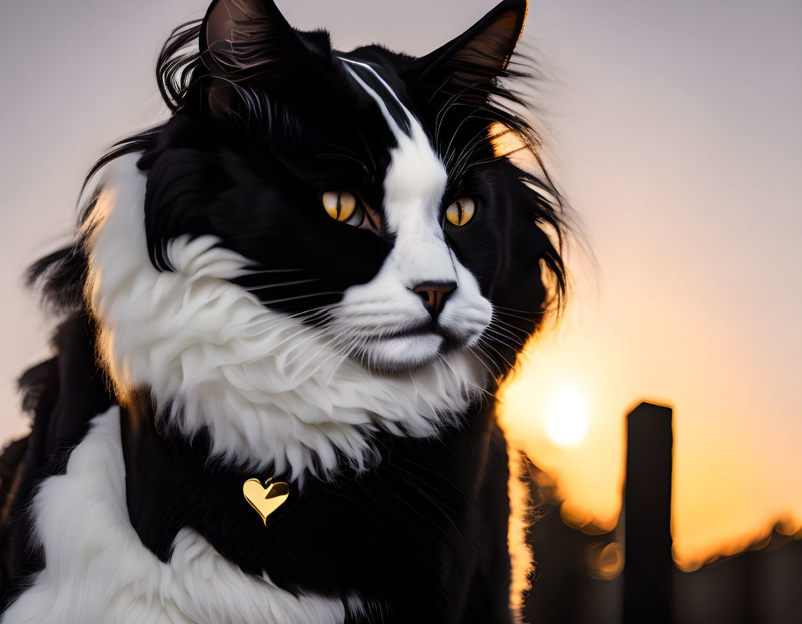 Black and White Cat with Heart Pendant in Sunset Scene