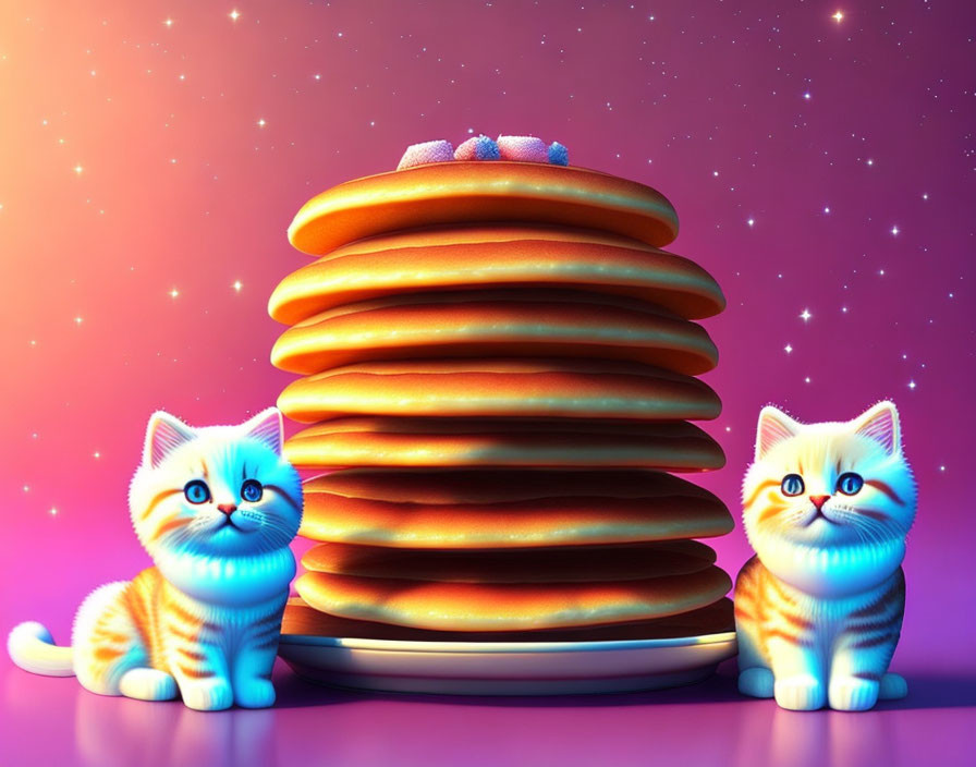 Cartoon kittens with pancakes in starry setting