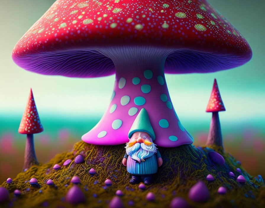 Colorful digital artwork: small gnome under whimsical mushroom surrounded by fungi