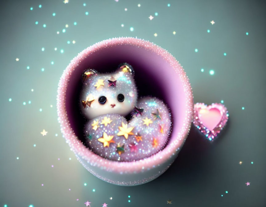 Star-adorned kitten in pink teacup with magical glow and twinkling lights