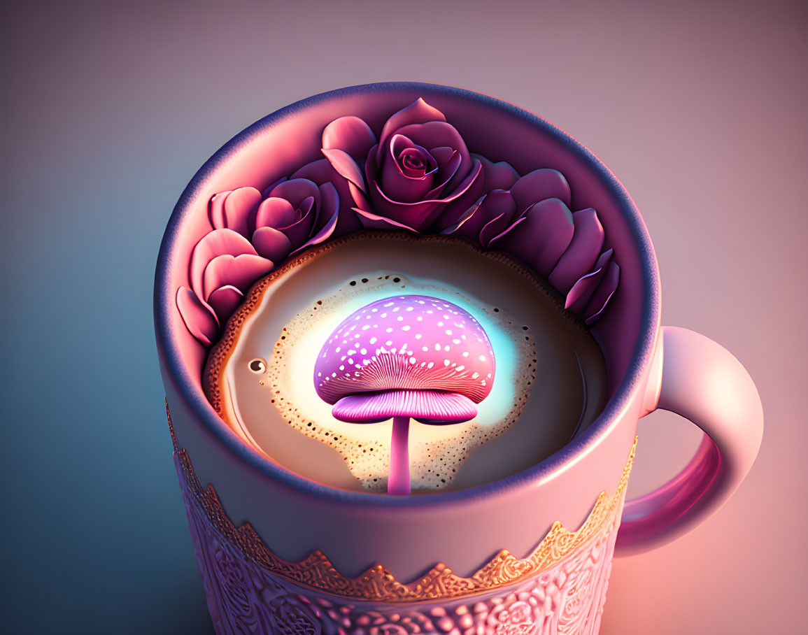 Colorful Coffee Cup with Pink Ornate Design and Purple Mushroom in Floral Foam Art