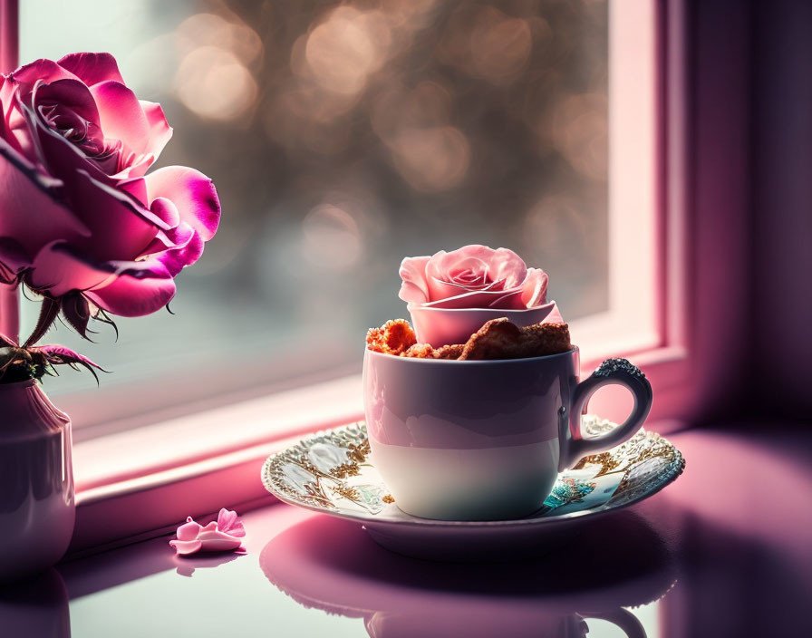 Vintage Cup with Rose Design and Cookies on Windowsill with Bokeh Background
