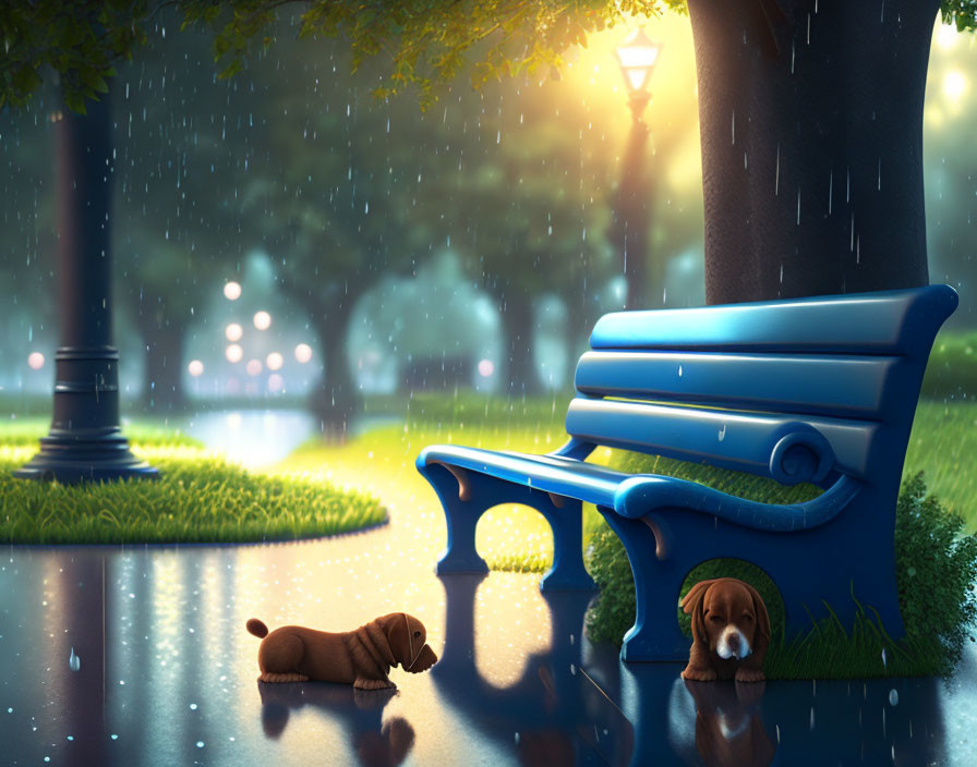 dog taking shelter under bench