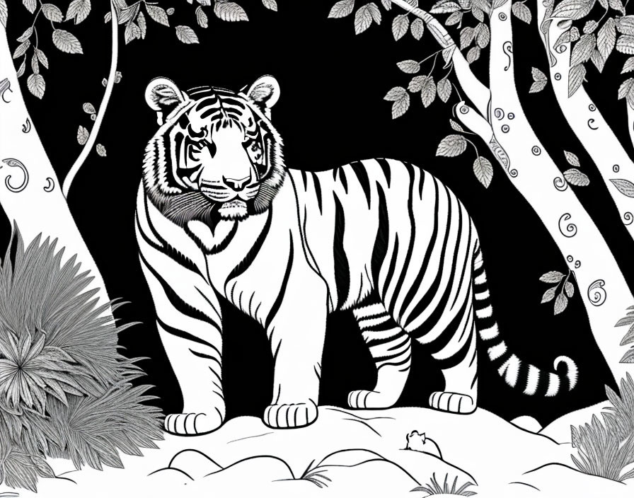 Detailed Black and White Tiger Illustration in Jungle Environment
