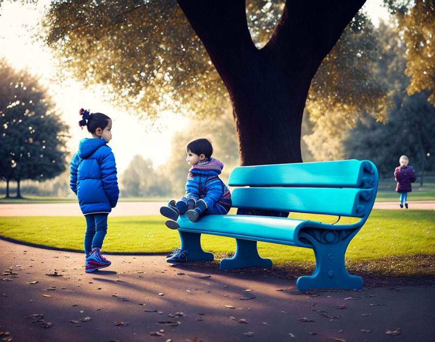 Children in puffy jackets near vibrant blue park bench