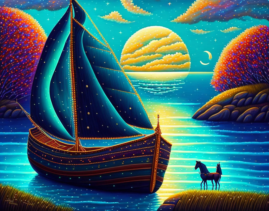 Colorful sailboat and horse under starry sky with two moons