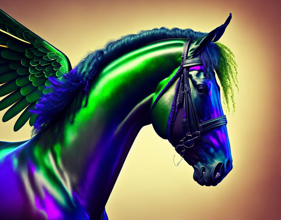 Colorful Winged Horse Artwork in Green and Purple