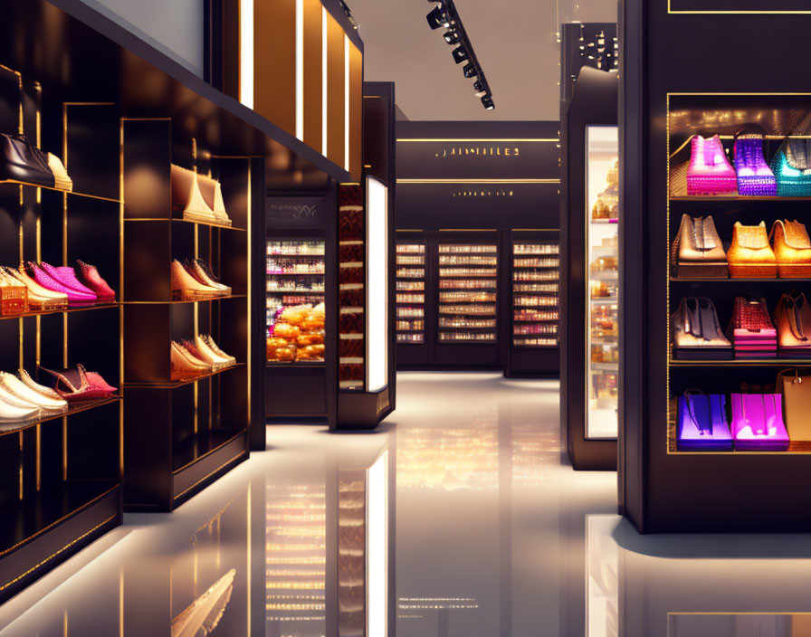 Elegant luxury shoe store interior with black shelves and diverse shoe styles spotlighted on glossy floor
