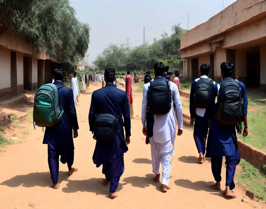 Students in traditional clothing walking outdoors with buildings and trees