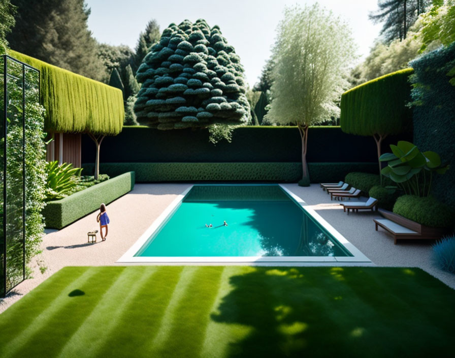 Tranquil garden with rectangular pool and lush green surroundings