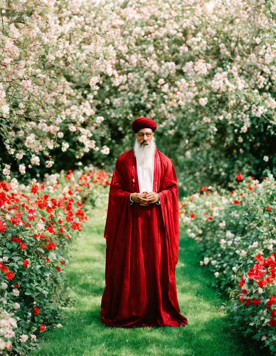 Bearded person in red robe and turban in lush garden with pink and red flowers