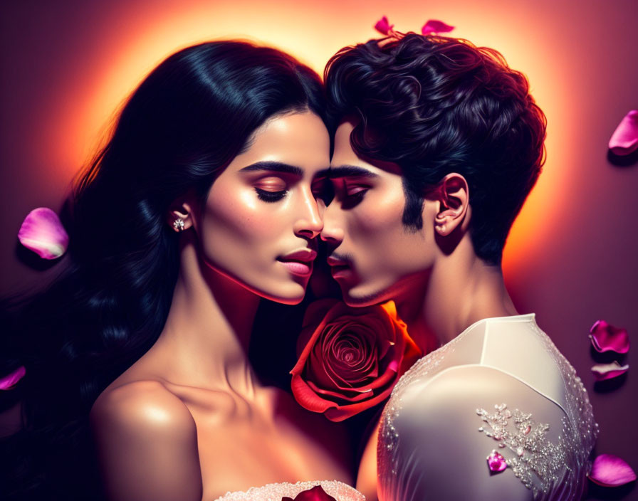 Romantic couple surrounded by rose petals in warm lighting