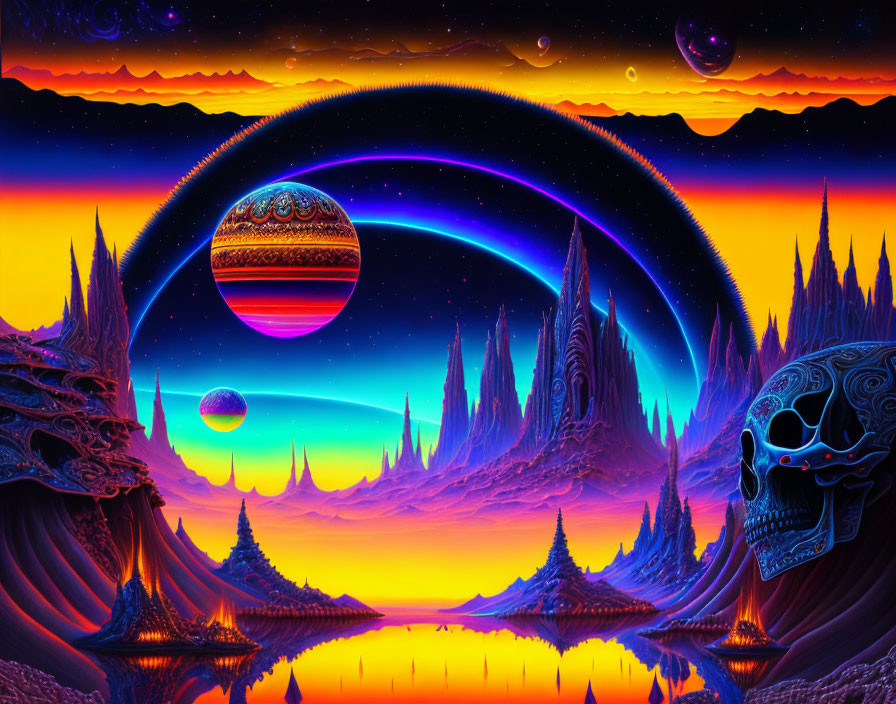 Colorful alien landscape with spiky formations, ringed planet, skull, and reflective surface