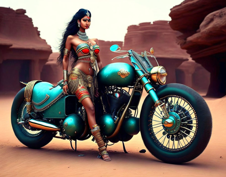 Woman in ornate attire poses with custom motorcycle in desert setting