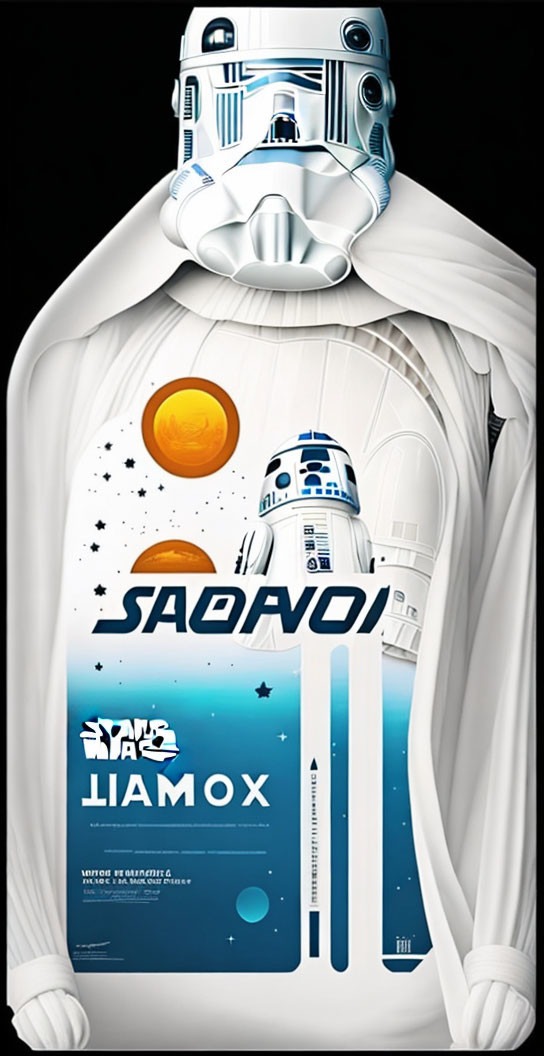 Space-themed R2-D2 bottle with person in white shirt featuring "YOXI" and "STAR