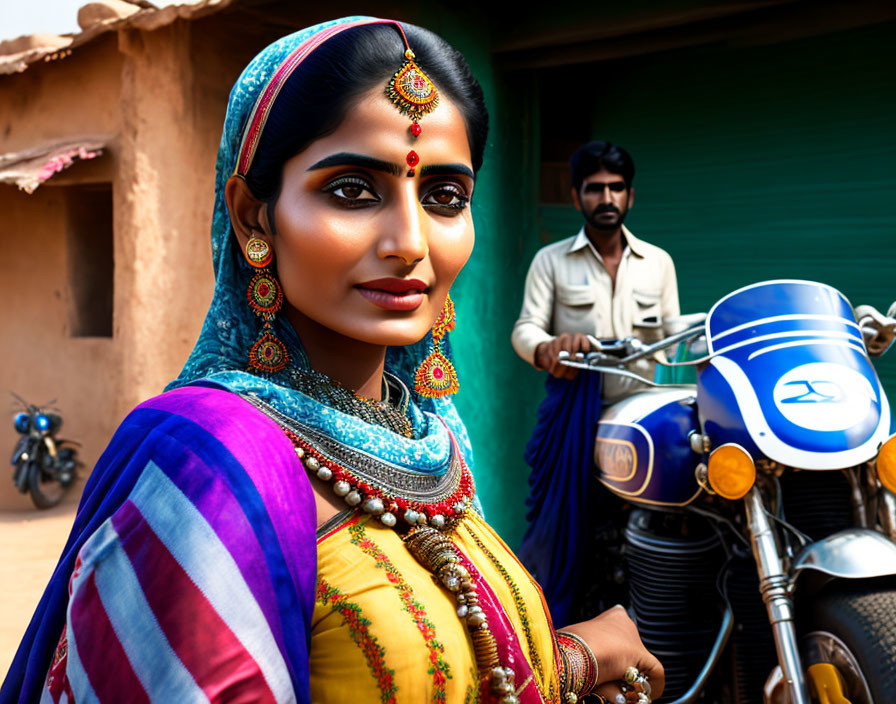 Traditional Indian Attire Woman with Man and Motorcycle Background