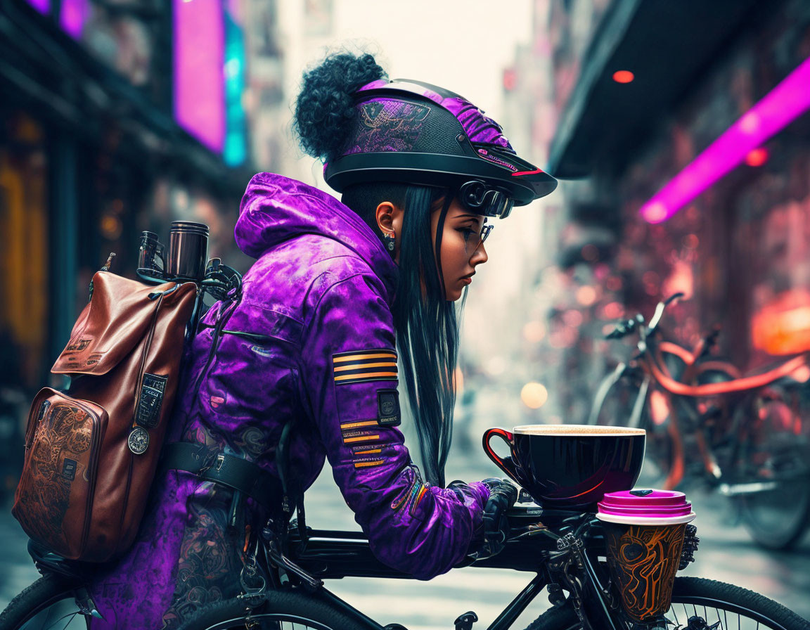 Cyclist in Purple Jacket with Coffee Cup in City Scene