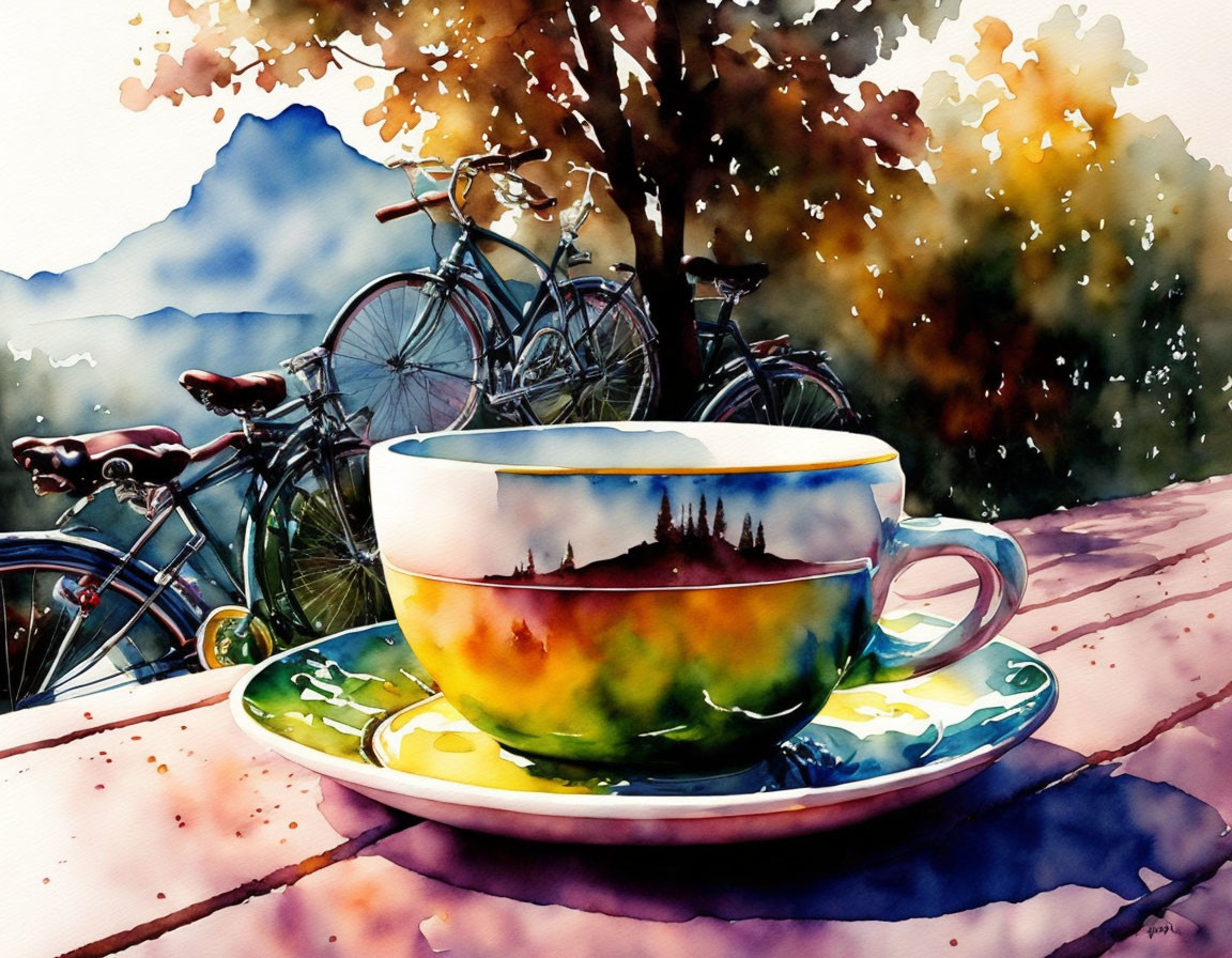 Colorful Watercolor Painting of Cup and Saucer on Table with Bicycles and Mountain Backdrop