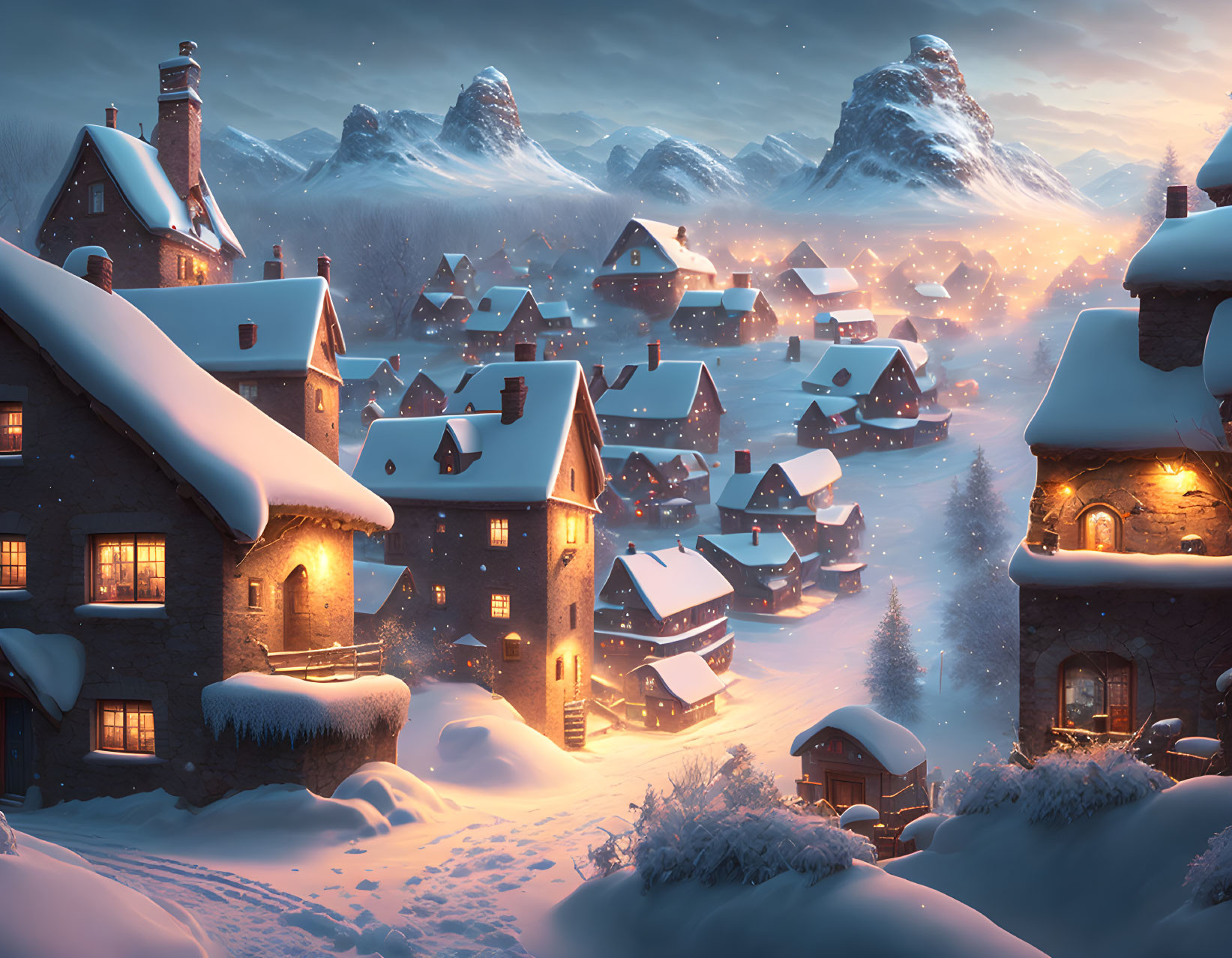 Snow-covered village nestled among mountains at twilight