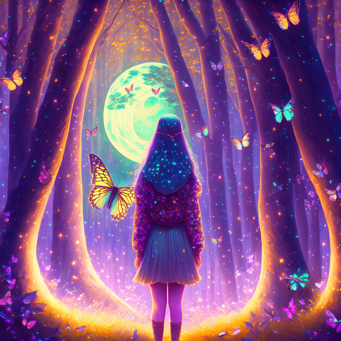 Girl admires glowing moon in magical forest with fluttering butterflies