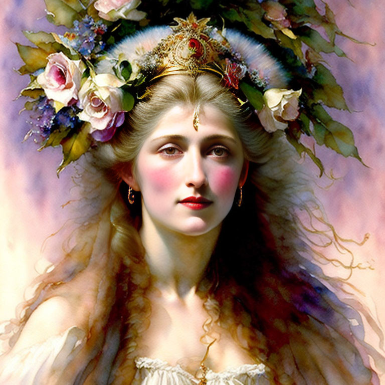 Portrait of Woman with Fair Skin and Golden Hair in Floral Headpiece