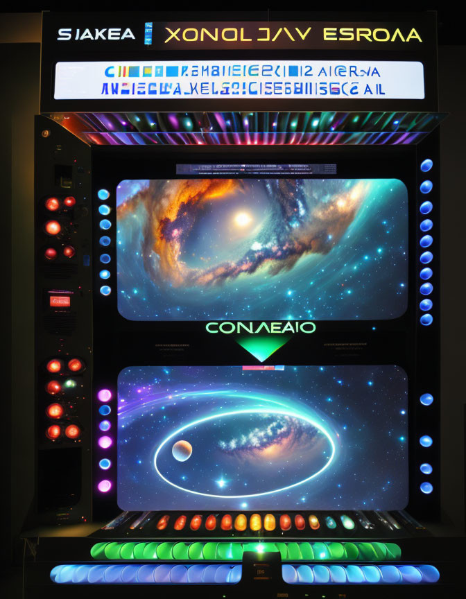 Dual-Screen Arcade Cabinet with Cosmic Graphics and LED Lights