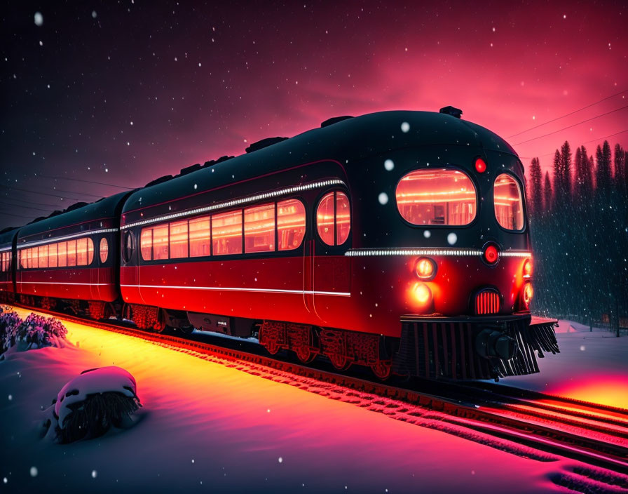 Vintage Red Train Travels Through Snowy Night Landscape