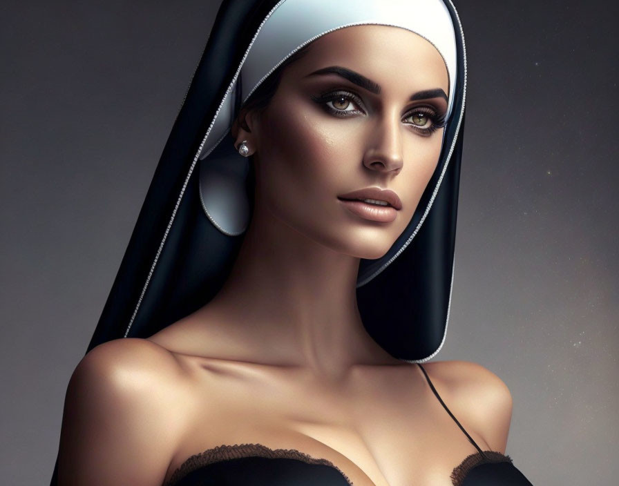 Digital Artwork: Modernized Nun Attire with Striking Makeup