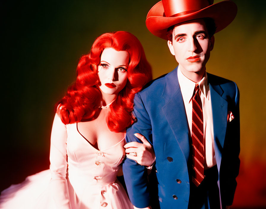 Vibrant red-haired woman in white dress with man in blue suit and red hat against multicol