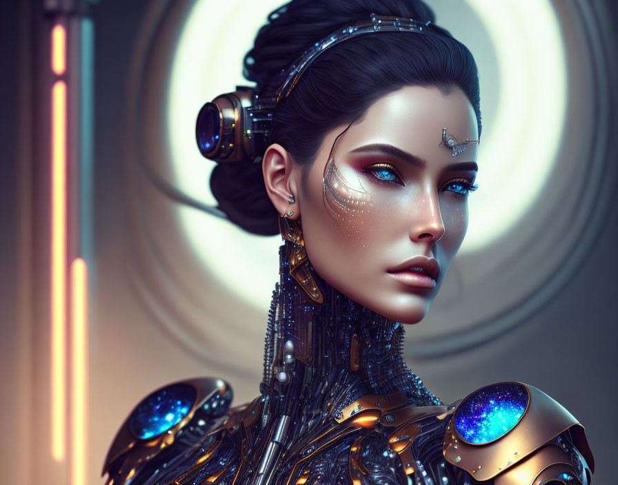 Detailed futuristic female cyborg with glowing mechanical parts against circular backdrop