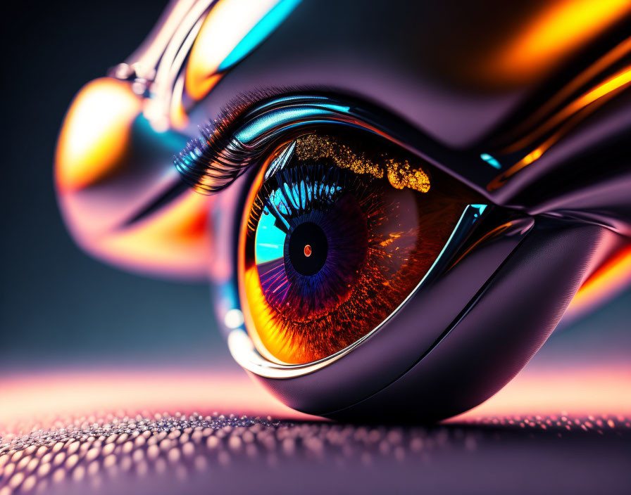 Detailed 3D Robotic Eye Illustration on Orange and Blue Background