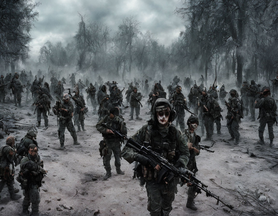 Soldiers in Camo Gear Advance Through Smoke-Filled Forest
