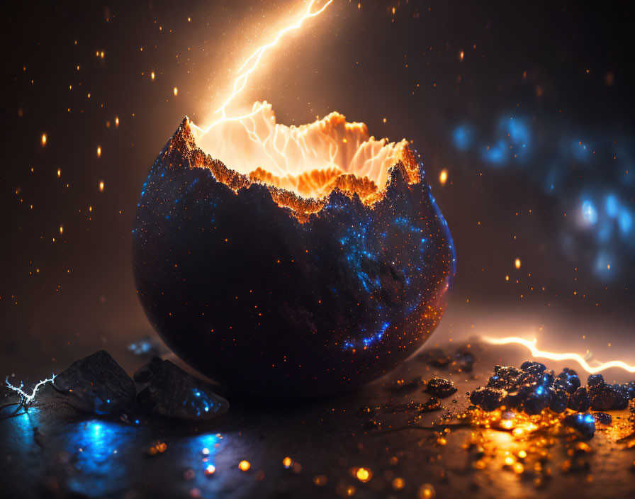 Cracked cosmic egg emitting lightning and glowing edge surrounded by embers
