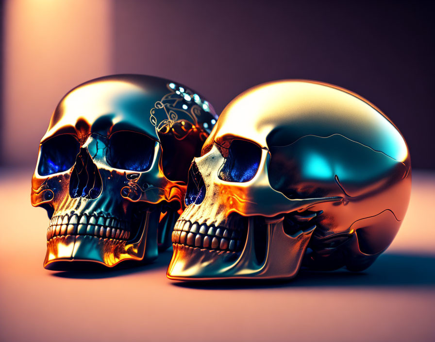 Glossy metallic gold and copper skulls on warm soft-focus backdrop