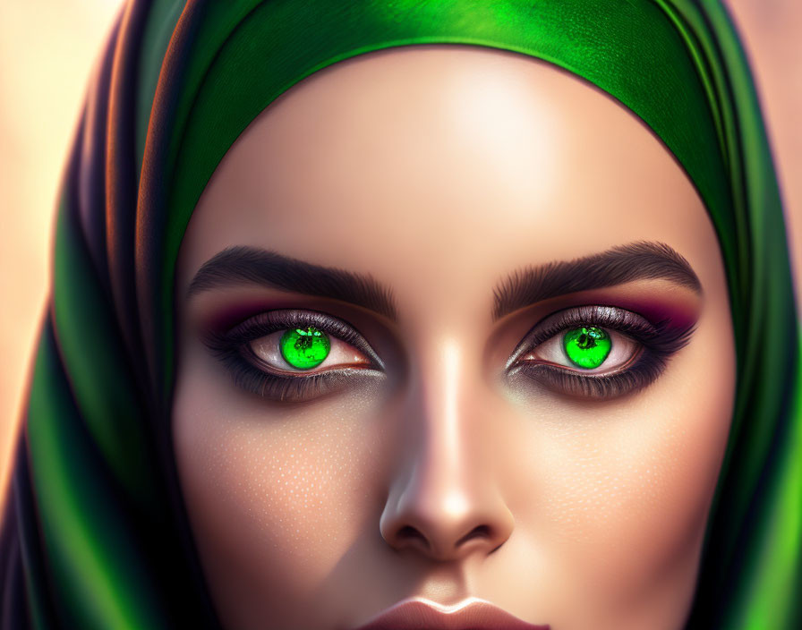 Vibrant digital portrait with striking green eyes and headscarf