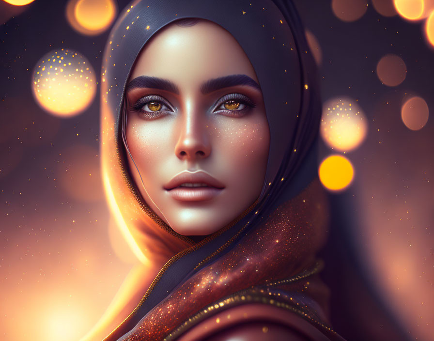 Portrait of woman in hijab with striking eyes and golden sparkles on warm backdrop