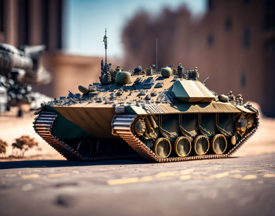 Detailed Modern Tank Scale Model on Dusty Surface with Camouflage and Armor Design