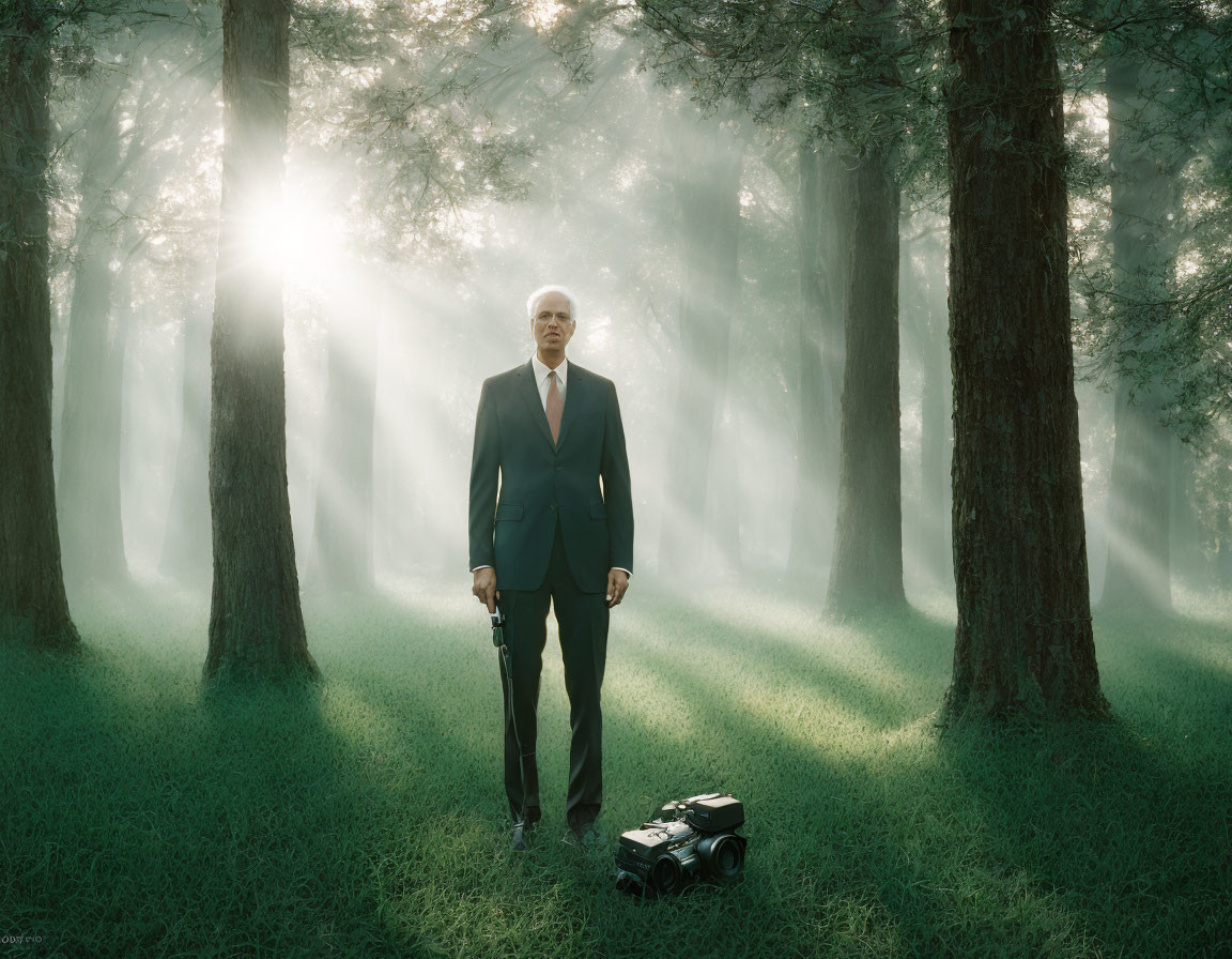 Man in suit with umbrella and briefcase in misty forest with sunlight filtering through trees