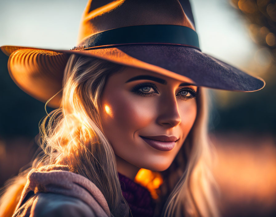 Smiling woman with blue eyes in wide-brimmed hat at sunset
