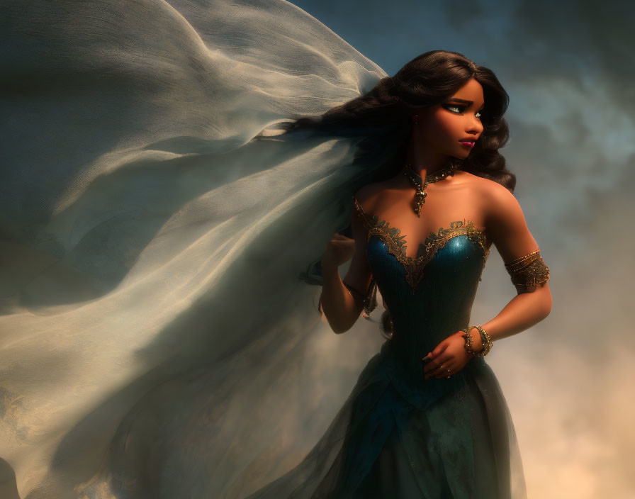 Stylized image of woman in flowing gown and elegant jewelry against dreamlike background