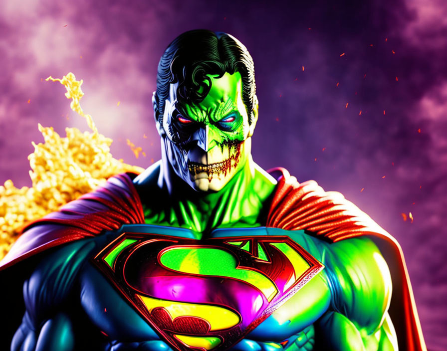 Menacing zombified Superman with torn cape, green skin, and glowing red eyes on cosmic purple