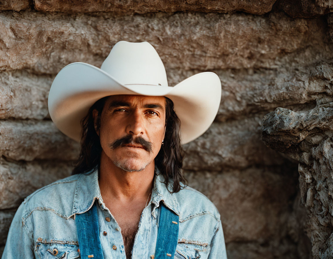 Man in white cowboy hat and denim shirt against rustic stone backdrop