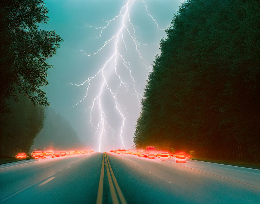 Night-time road illuminated by lightning bolt over vehicles with red tail lights