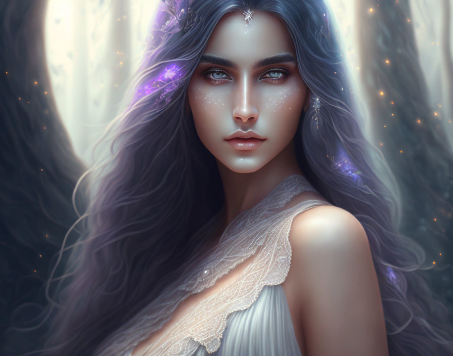 Mystical woman portrait with long wavy hair and blue eyes