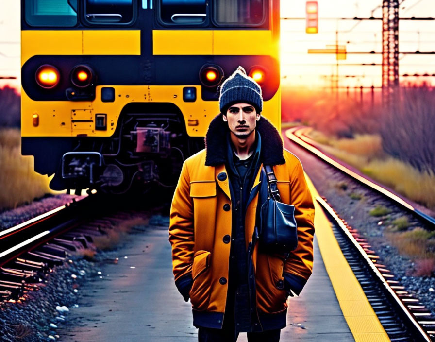 Person in Yellow Jacket on Train Platform at Dusk
