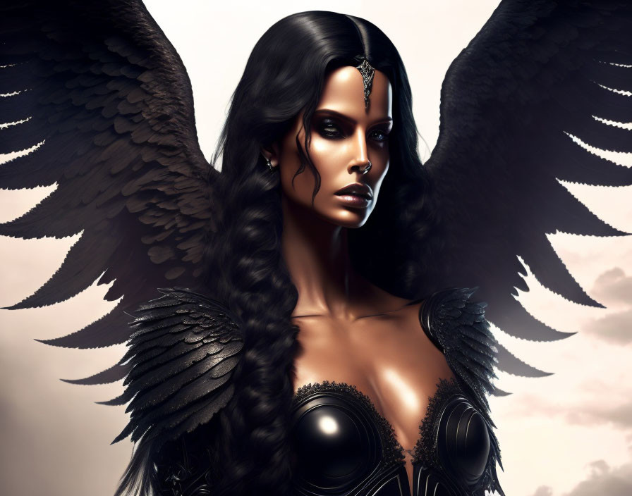 Digital art portrait of woman with dark angel wings and intense gaze on soft-toned background