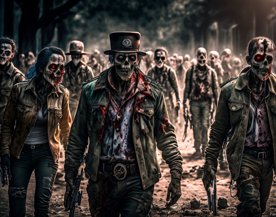 Zombie figures in tattered clothes with police hat in dark setting