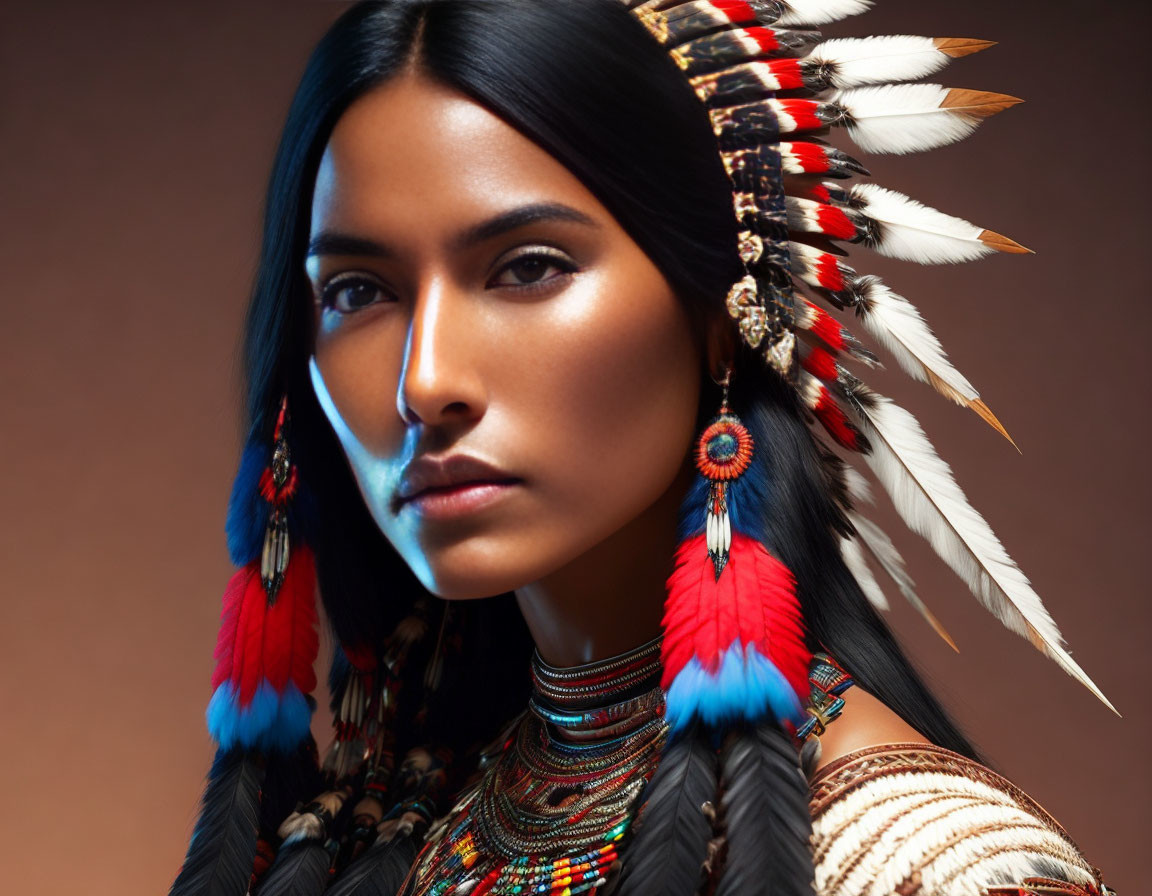 Traditional Woman Portrait with Feather Headdress and Beadwork