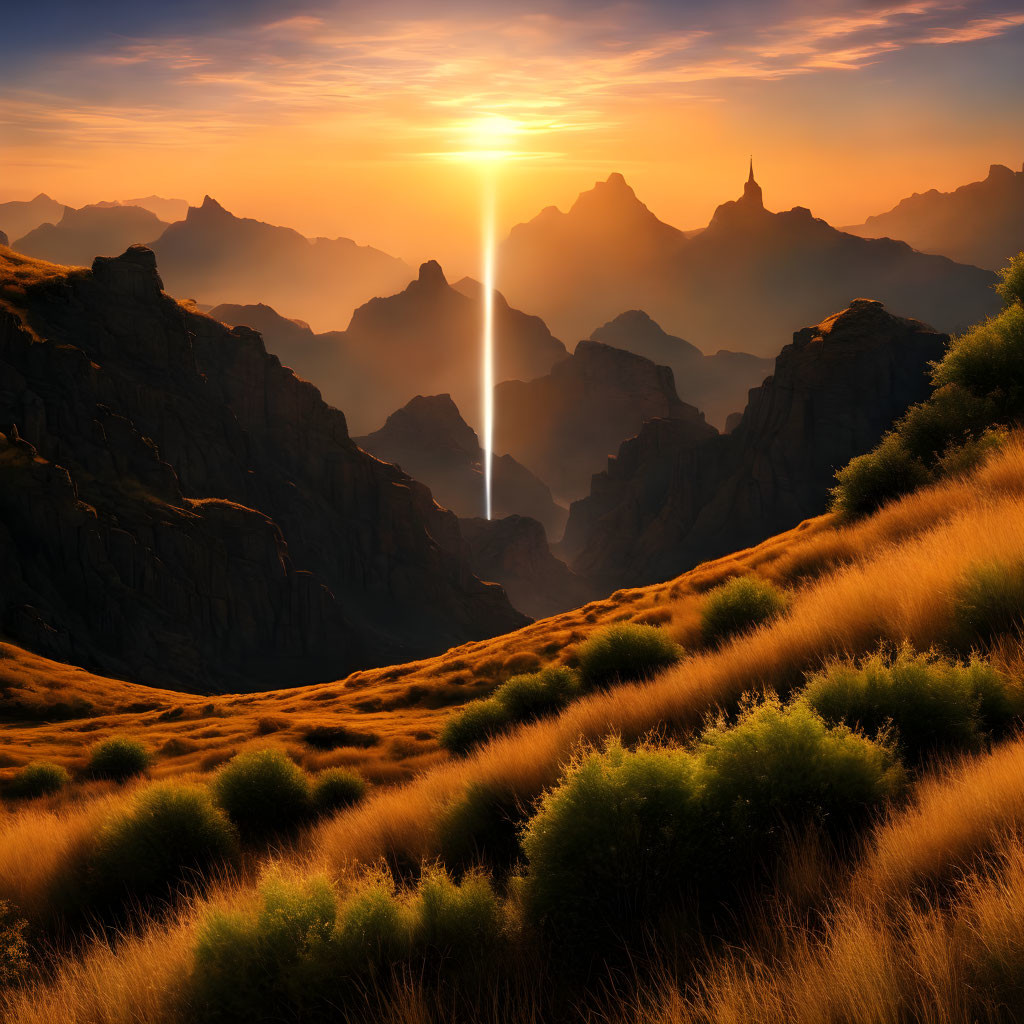 Scenic sunset over rugged mountains with sunbeam and golden grass